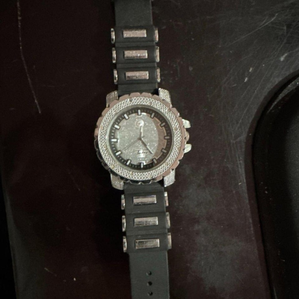 Techno Pave Mens Silver Tone Iced Bezel Quartz Watch Black Silicone Strap 7288